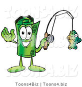 Illustration of a Cartoon Rolled Money Mascot Holding a Fish on a Fishing Pole by Mascot Junction