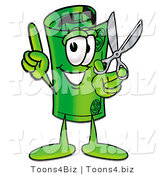 Illustration of a Cartoon Rolled Money Mascot Holding a Pair of Scissors by Mascot Junction