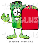 Illustration of a Cartoon Rolled Money Mascot Holding a Red Sales Price Tag by Mascot Junction