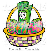 Illustration of a Cartoon Rolled Money Mascot in an Easter Basket Full of Decorated Easter Eggs by Mascot Junction