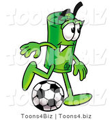 Illustration of a Cartoon Rolled Money Mascot Kicking a Soccer Ball by Toons4Biz