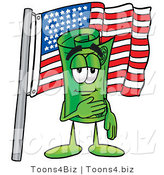 Illustration of a Cartoon Rolled Money Mascot Pledging Allegiance to an American Flag by Mascot Junction
