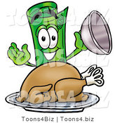 Illustration of a Cartoon Rolled Money Mascot Serving a Thanksgiving Turkey on a Platter by Mascot Junction