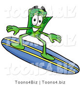 Illustration of a Cartoon Rolled Money Mascot Surfing on a Blue and Yellow Surfboard by Mascot Junction