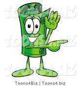 Illustration of a Cartoon Rolled Money Mascot Waving and Pointing by Mascot Junction
