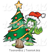 Illustration of a Cartoon Rolled Money Mascot Waving and Standing by a Decorated Christmas Tree by Mascot Junction