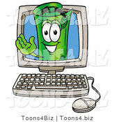 Illustration of a Cartoon Rolled Money Mascot Waving from Inside a Computer Screen by Mascot Junction