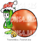 Illustration of a Cartoon Rolled Money Mascot Wearing a Santa Hat, Standing with a Christmas Bauble by Mascot Junction