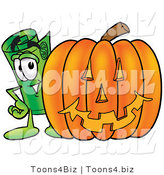 Illustration of a Cartoon Rolled Money Mascot with a Carved Halloween Pumpkin by Mascot Junction