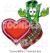 Illustration of a Cartoon Rolled Money Mascot with an Open Box of Valentines Day Chocolate Candies by Mascot Junction