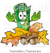 Illustration of a Cartoon Rolled Money Mascot with Autumn Leaves and Acorns in the Fall by Mascot Junction