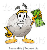 Illustration of a Cartoon Soccer Ball Mascot Holding a Dollar Bill by Mascot Junction
