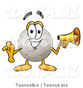 Illustration of a Cartoon Soccer Ball Mascot Holding a Megaphone by Mascot Junction