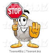 Illustration of a Cartoon Soccer Ball Mascot Holding a Stop Sign by Mascot Junction