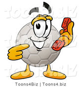 Illustration of a Cartoon Soccer Ball Mascot Holding a Telephone by Mascot Junction