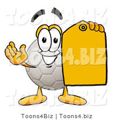 Illustration of a Cartoon Soccer Ball Mascot Holding a Yellow Sales Price Tag by Mascot Junction