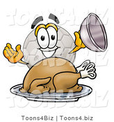 Illustration of a Cartoon Soccer Ball Mascot Serving a Thanksgiving Turkey on a Platter by Mascot Junction