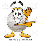 Illustration of a Cartoon Soccer Ball Mascot Waving and Pointing by Mascot Junction