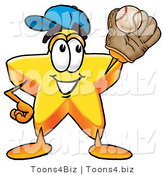Illustration of a Cartoon Star Mascot Catching a Baseball with a Glove by Mascot Junction