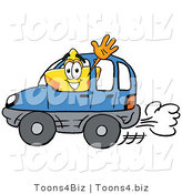 Illustration of a Cartoon Star Mascot Driving a Blue Car and Waving by Mascot Junction