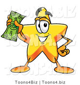 Illustration of a Cartoon Star Mascot Holding a Dollar Bill by Mascot Junction