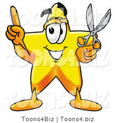 Illustration of a Cartoon Star Mascot Holding a Pair of Scissors by Mascot Junction