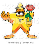 Illustration of a Cartoon Star Mascot Holding a Red Rose on Valentines Day by Mascot Junction