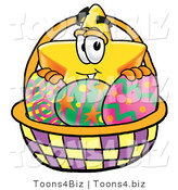 Illustration of a Cartoon Star Mascot in an Easter Basket Full of Decorated Easter Eggs by Mascot Junction