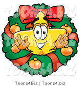 Illustration of a Cartoon Star Mascot in the Center of a Christmas Wreath by Mascot Junction