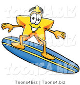 Illustration of a Cartoon Star Mascot Surfing on a Blue and Yellow Surfboard by Mascot Junction