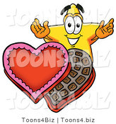 Illustration of a Cartoon Star Mascot with an Open Box of Valentines Day Chocolate Candies by Mascot Junction