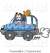 Illustration of a Cartoon Suitcase Mascot Driving a Blue Car and Waving by Mascot Junction