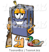 Illustration of a Cartoon Suitcase Mascot Duck Hunting, Standing with a Rifle and Duck by Mascot Junction