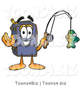 Illustration of a Cartoon Suitcase Mascot Holding a Fish on a Fishing Pole by Mascot Junction