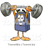 Illustration of a Cartoon Suitcase Mascot Holding a Heavy Barbell Above His Head by Mascot Junction