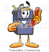 Illustration of a Cartoon Suitcase Mascot Holding a Telephone by Mascot Junction