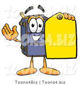 Illustration of a Cartoon Suitcase Mascot Holding a Yellow Sales Price Tag by Mascot Junction