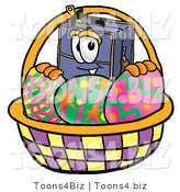 Illustration of a Cartoon Suitcase Mascot in an Easter Basket Full of Decorated Easter Eggs by Toons4Biz