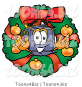 Illustration of a Cartoon Suitcase Mascot in the Center of a Christmas Wreath by Toons4Biz