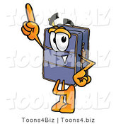 Illustration of a Cartoon Suitcase Mascot Pointing Upwards by Mascot Junction