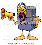 Illustration of a Cartoon Suitcase Mascot Screaming into a Megaphone by Mascot Junction