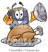 Illustration of a Cartoon Suitcase Mascot Serving a Thanksgiving Turkey on a Platter by Mascot Junction