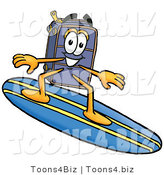 Illustration of a Cartoon Suitcase Mascot Surfing on a Blue and Yellow Surfboard by Mascot Junction