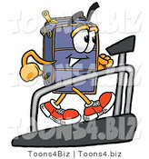 Illustration of a Cartoon Suitcase Mascot Walking on a Treadmill in a Fitness Gym by Mascot Junction