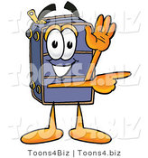 Illustration of a Cartoon Suitcase Mascot Waving and Pointing by Mascot Junction