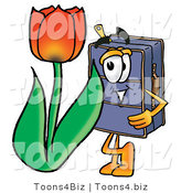 Illustration of a Cartoon Suitcase Mascot with a Red Tulip Flower in the Spring by Toons4Biz