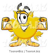 Illustration of a Cartoon Sun Mascot Flexing His Arm Muscles by Mascot Junction