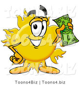 Illustration of a Cartoon Sun Mascot Holding a Dollar Bill by Mascot Junction