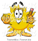 Illustration of a Cartoon Sun Mascot Holding a Pencil by Mascot Junction
