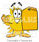 Illustration of a Cartoon Sun Mascot Holding a Yellow Sales Price Tag by Toons4Biz